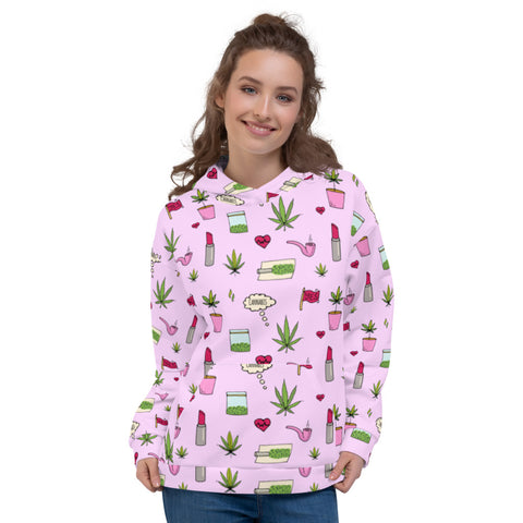 Cute Kawaii Weed Hoodie - Pink Cannabis Doodles